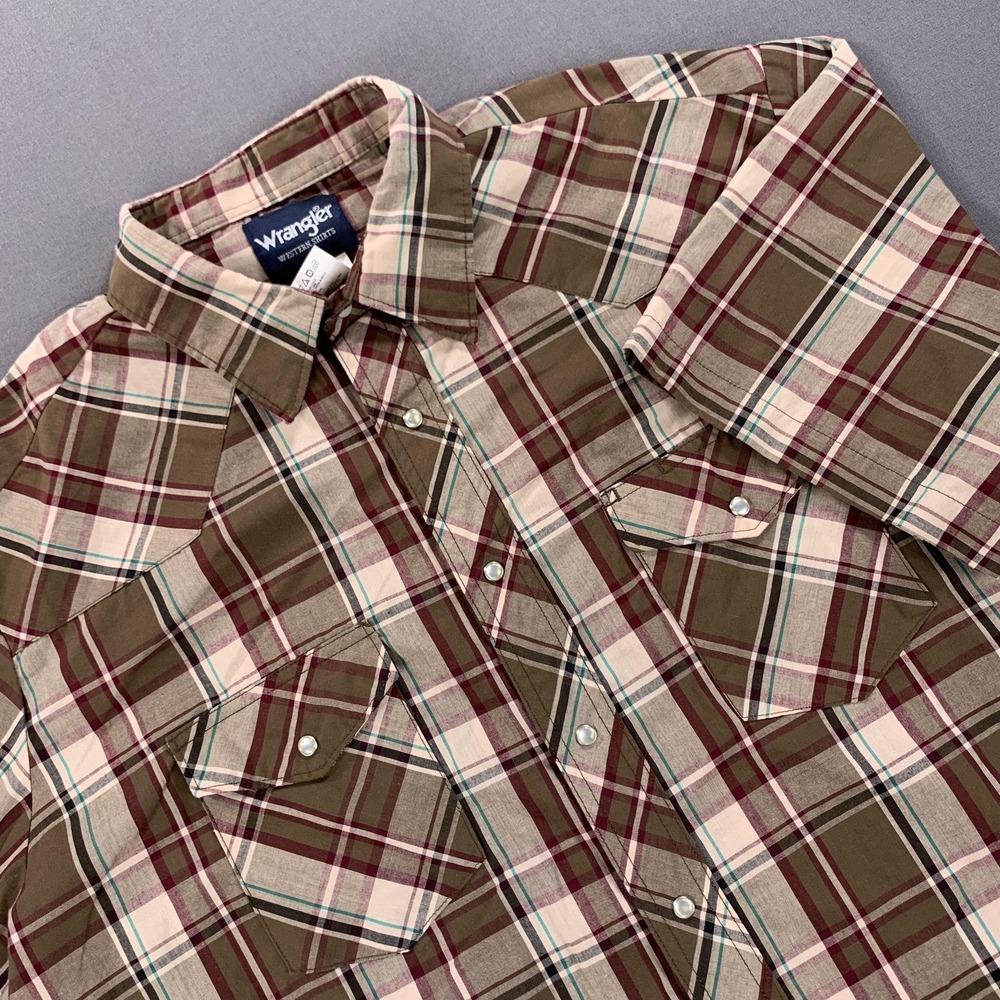 Wrangler Western Shirt Mens 2XL Brown Burgundy Tartan-Style Box Plaid Pearl Snap